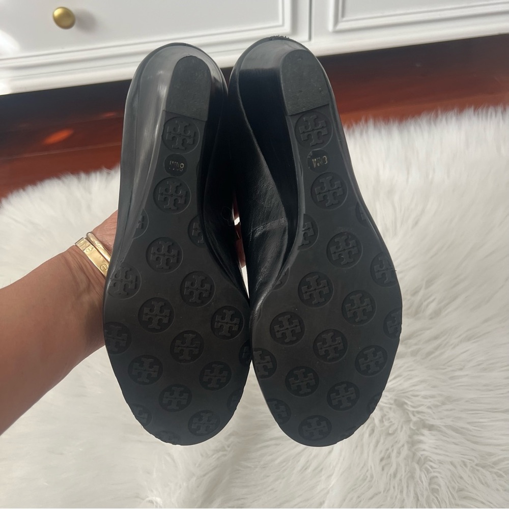 Tory Burch Sally Wedge Black and Silver Heels with Metallic Emblem - Picture 11 of 13